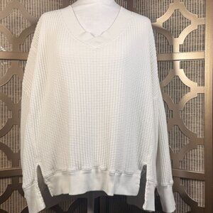American Eagle Waffle Knit Sweater Women’s Large Cream V-Neck Oversized Cozy